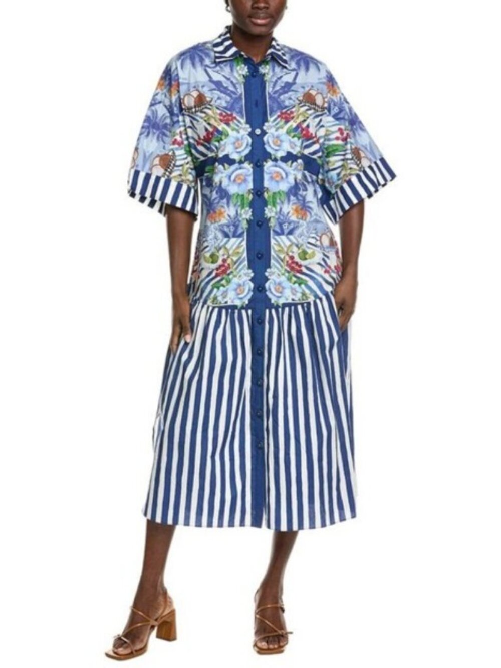 Farm Rio Fresh Table Scarf Midi Dress Blue Floral Button Up Cotton L